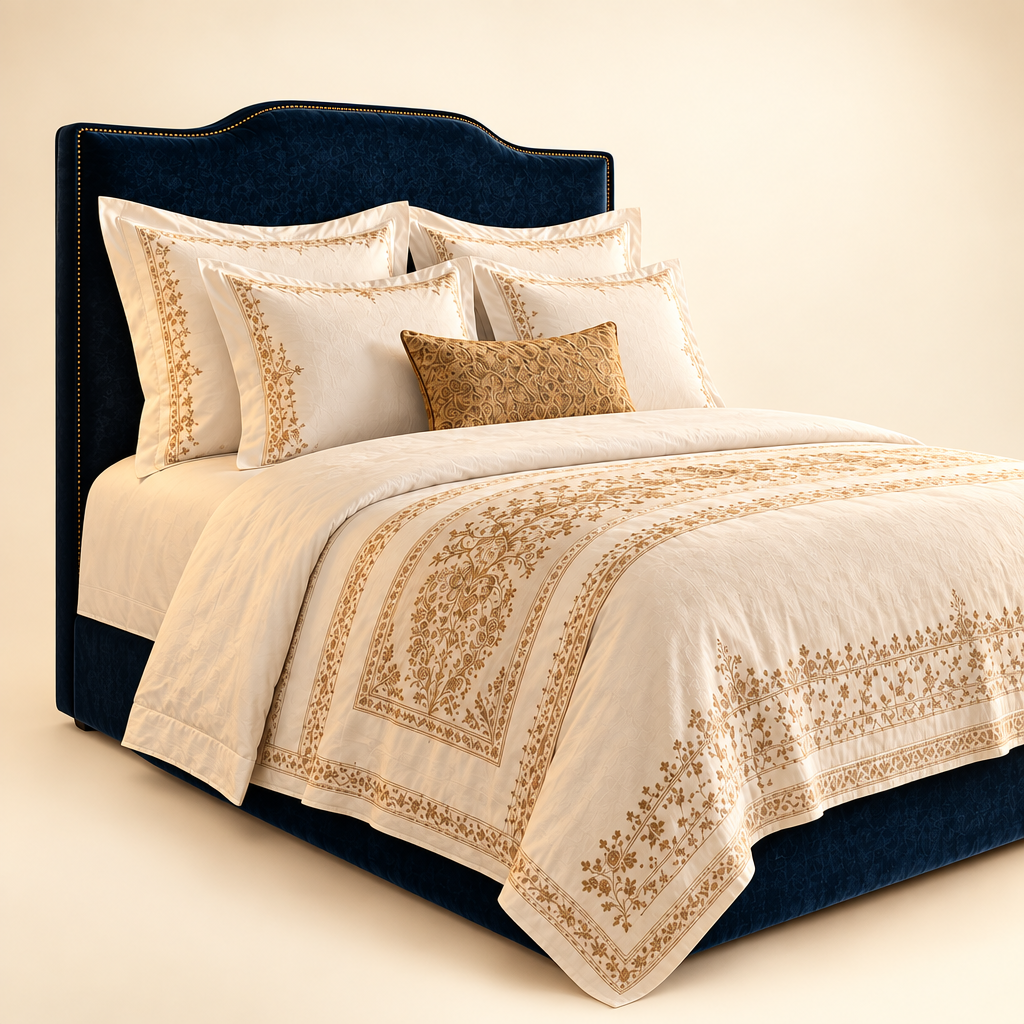 Luxury ivory bed sheet set on a clean warm ivory background